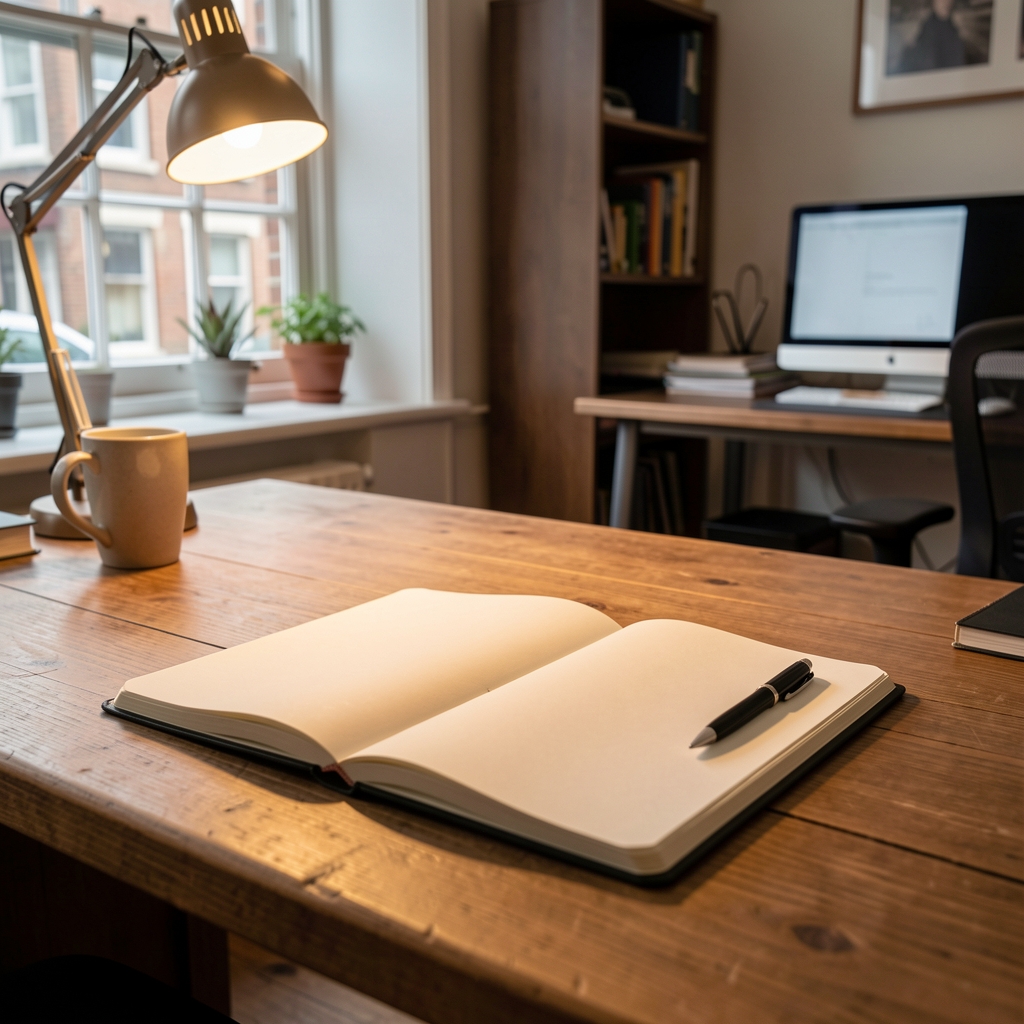 Editorial workspace with a notebook open on a wooden desk, pen resting beside it, under warm studio lighting in a quiet London office