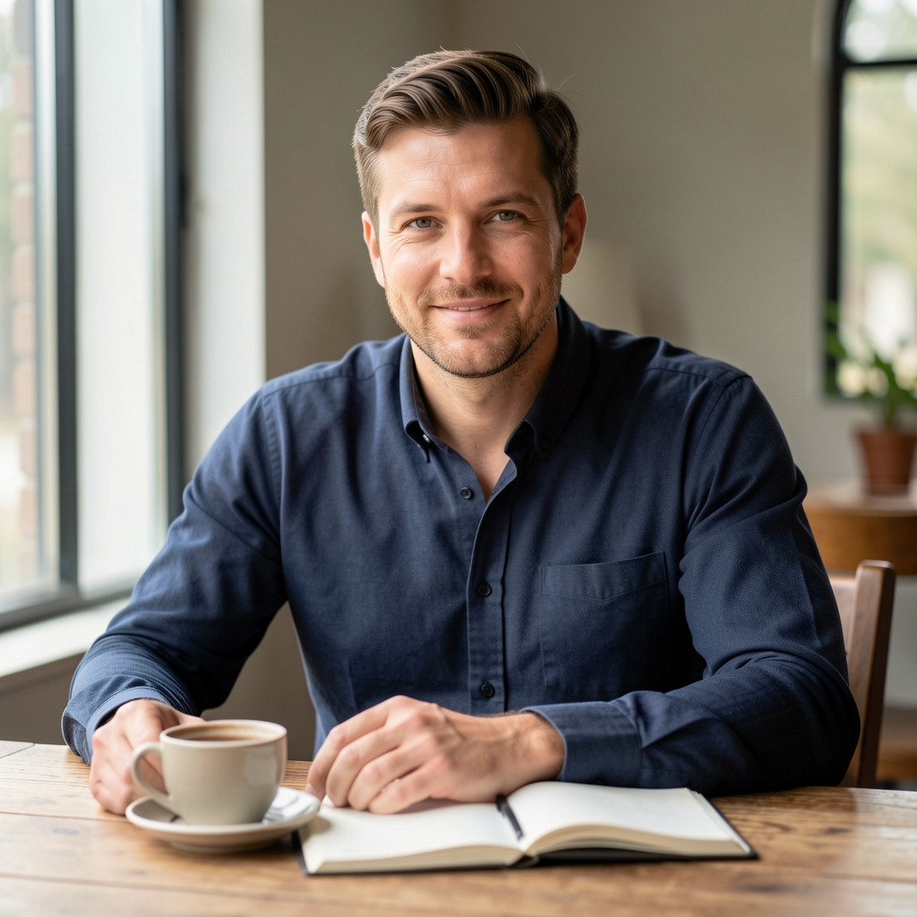Editorial portrait of a man seated at a wooden table with a cup and open notebook, soft natural light from a tall window in a considered studio composition