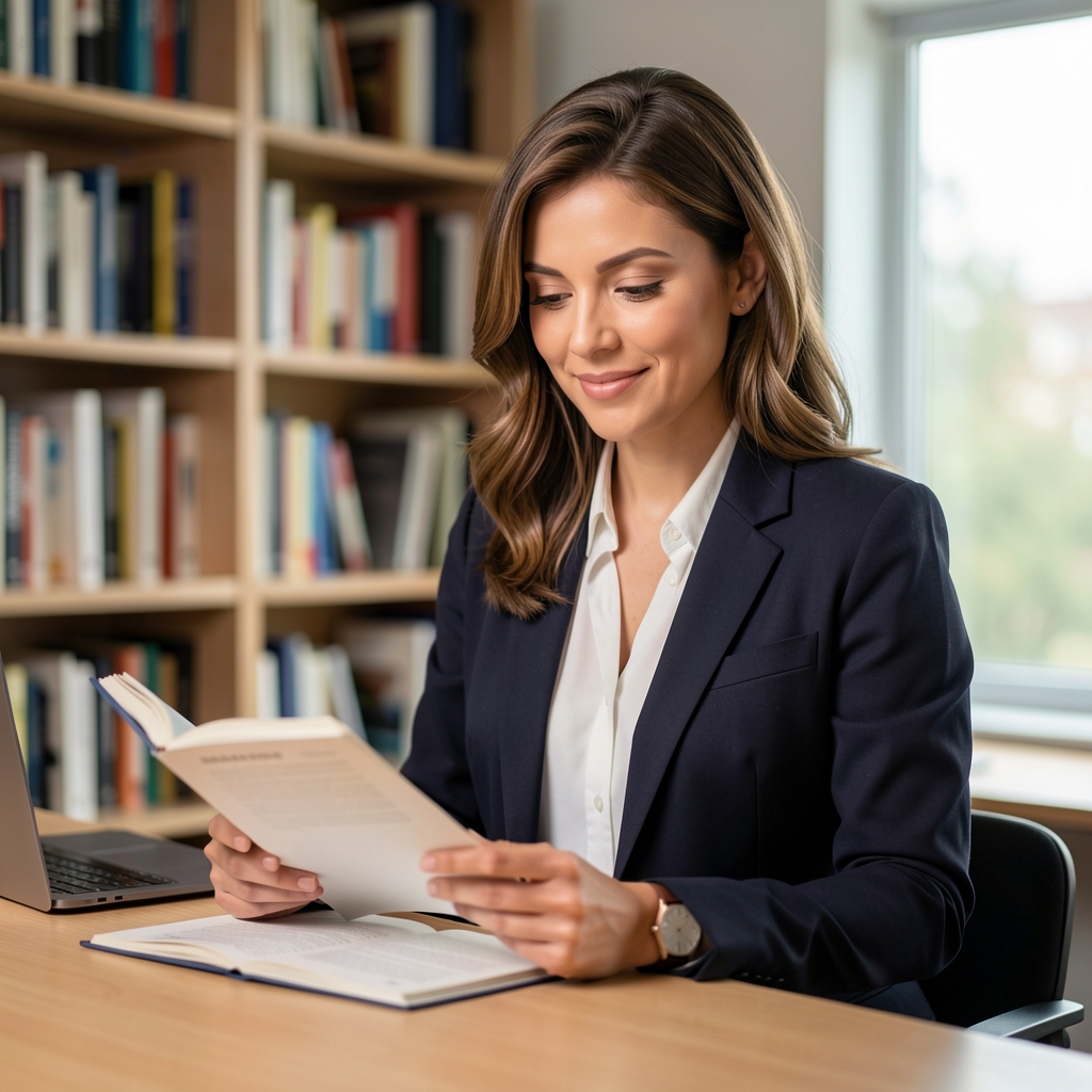 Editorial portrait of a woman reading at a standing desk with bookshelves visible in the background, in a well-lit editorial office under considered studio lighting