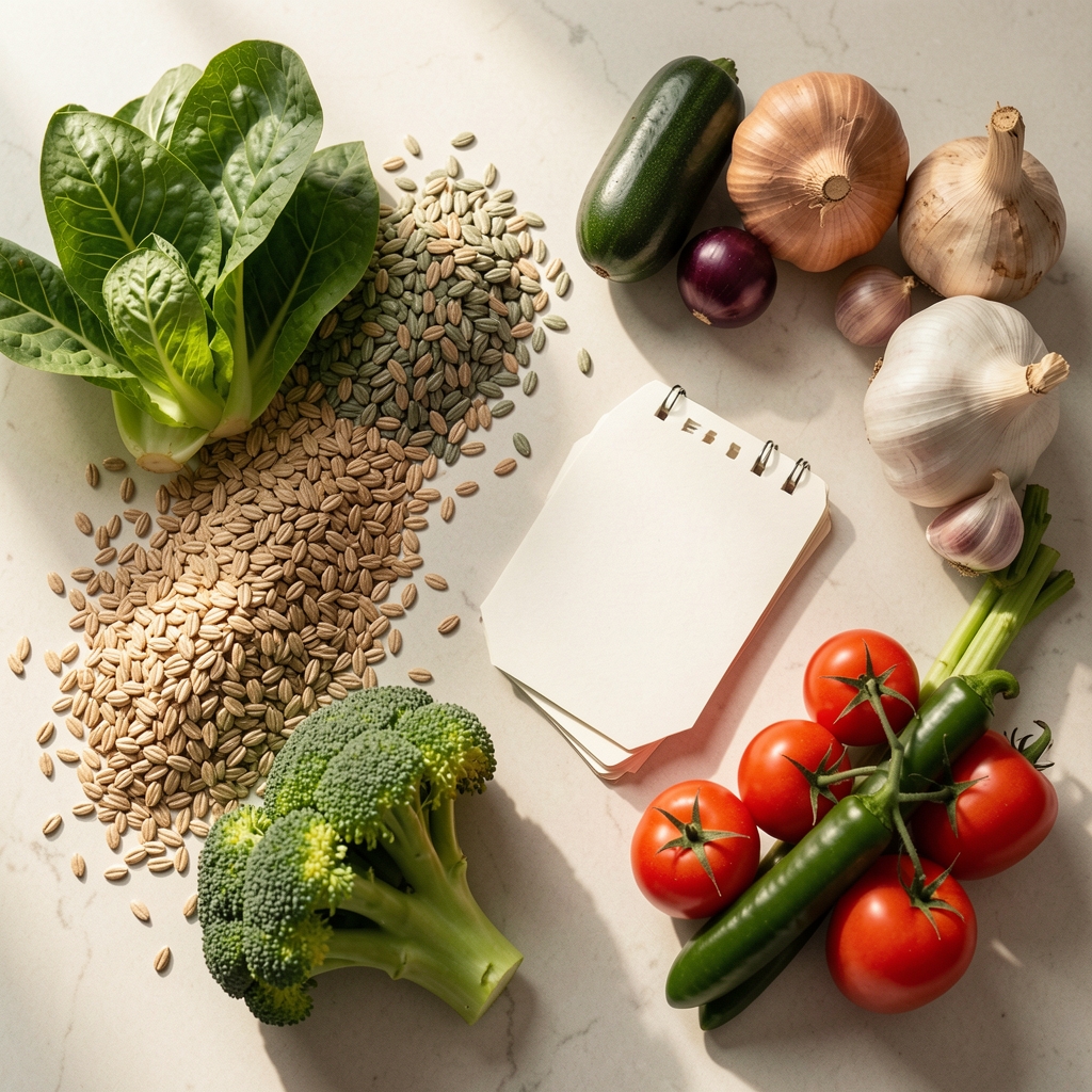 Flat-lay composition of whole grains, fresh seasonal vegetables and a small notepad on a light kitchen surface in soft morning light