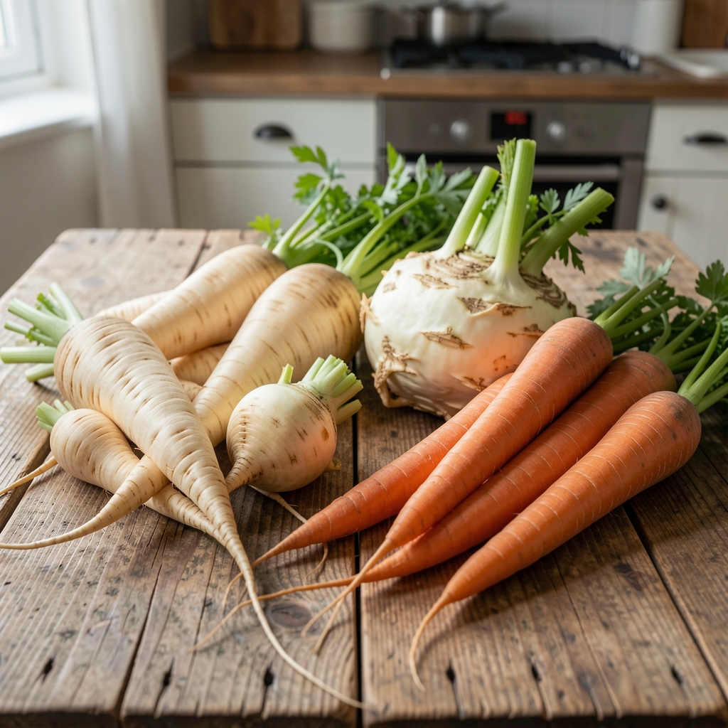 Selection of seasonal root vegetables including parsnips, celeriac and carrots arranged on a worn wooden kitchen surface under soft diffused natural light