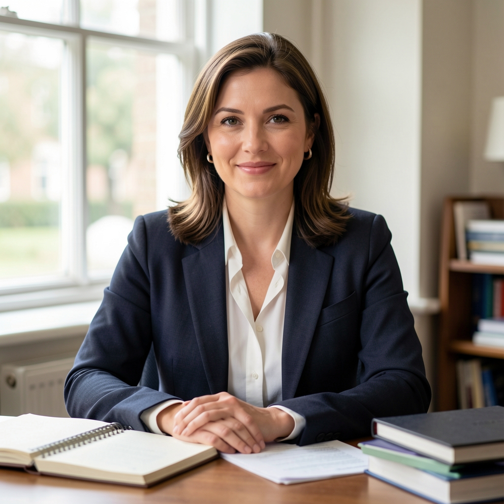 Editorial portrait of a woman in professional attire, seated at a desk with notebooks and natural daylight from a window behind her, in a quiet London workspace