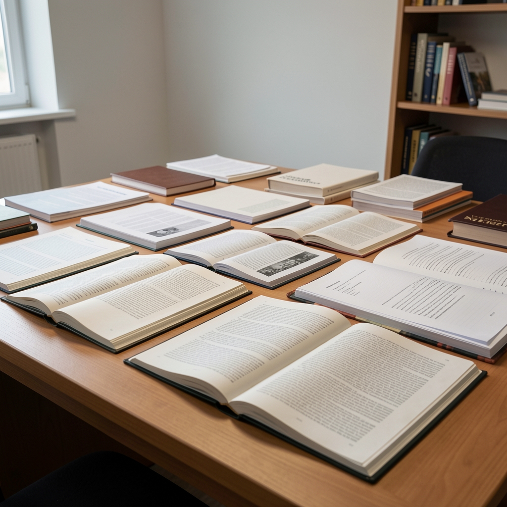 Open research journals and printed source documents arranged on a wide editorial desk in a quiet office under considered studio lighting