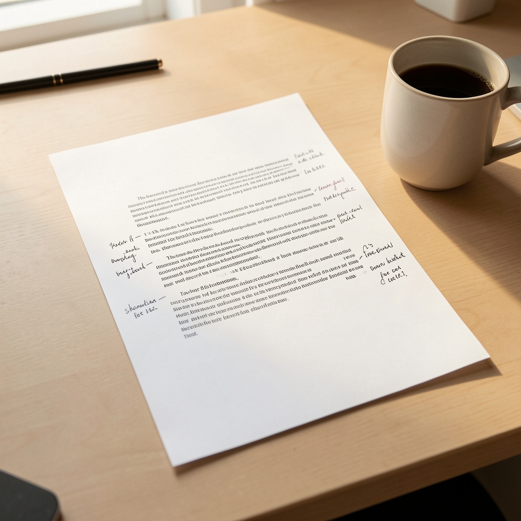 A printed article manuscript with handwritten editorial notes in the margins, on a clean editorial desk beside a cup under warm natural light